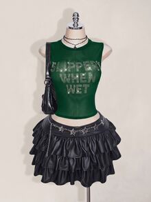SHEIN ICON 大尺碼 Y2K 夏季黑色性感透視網紗水鑽亮片露背修身背心上衣（附水鑽字母裝飾） - 墨綠色 - 查看 4
