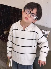 SHEIN 青少年男孩寬鬆休閒極簡舒適領口條紋毛衣，適合通勤、上學、日常休閒穿著、外出與運動 - 黑與白 - 查看 3