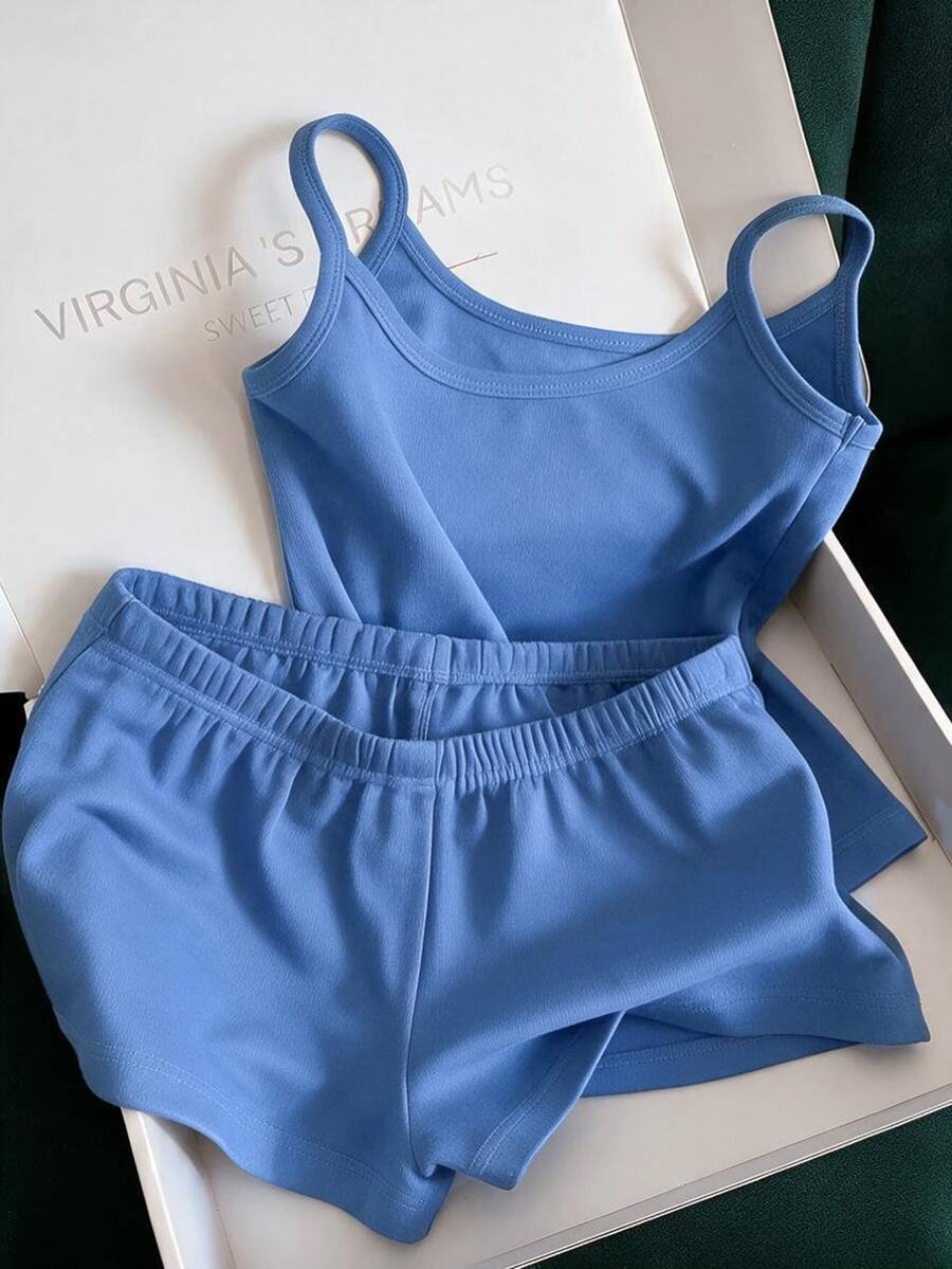Franclia Women's Casual Vacation Solid Color Camisole Top And Shorts 2 Pieces Set - Light Wash - View 1