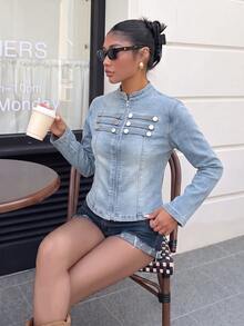 Muchica Women's Fashion Versatile Button & Zipper Long Sleeve Denim Jacket - Medium Wash - View 3