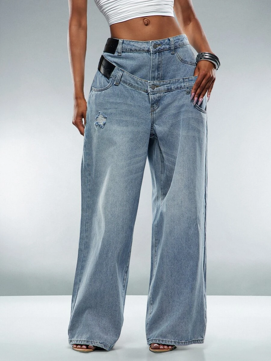 Denimoi Women's Double Waistband Casual Daily Wear Jeans - Medium Wash - View 1