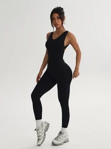 SHEIN Dewbera Women's Solid Color Backless Seamless Yoga Jumpsuit - Black - View 5