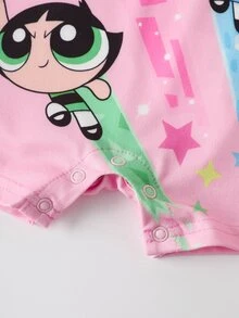 THE POWERPUFF GIRLS X SHEIN Baby Girl Round Neck Short Sleeve Casual Romper - Pink - View 5