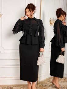 Modelyn Women's Ruffle Waist Top And Bodycon Skirt 2 Pieces Set, Elegant Commuter Design, Plus Size - Black - View 1