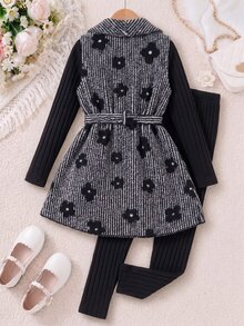 SHEIN Elladie kids 青少年女孩夾克套裝，黑色，夾克+長褲 2件套，寬鬆版型，秋季，領子，圓領，印花，拉鍊，家庭黑白配色 - 黑色 - 查看 3