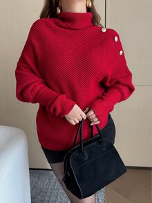 Vibekara Autumn/Winter Design Asymmetrical Red Batwing Sleeve High Neck Pullover Sweater - Red - View 3
