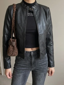 Strévra Women's Solid Color PU Leather Zipper Front Casual Jacket Fall - Black - View 5