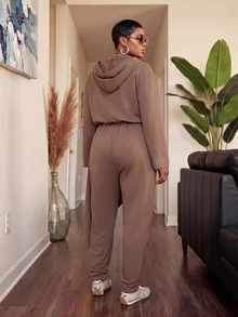Slaydiva Autumn/Winter Brown Hooded Cardigan & Asymmetrical Hem Jogger Pants 2 Pieces Set Plus Size Fall - Brown - View 8