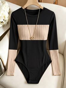 GlowEve Women's Color Block Long Sleeve Ribbed Knit Bodysuit, Round Neck Slim Fit Basic Layering Top - Multicolor - View 7
