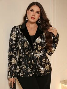 EMERY ROSE Plus Size Women's Elegant Autumn/Winter Party Floral Printed Black Blazer Jacket, Night Out, Fall,Formal,Business,Night Out Coat,Wedding - Multicolor - View 2