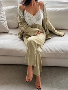 DAZY Women's French Lace Camisole & Pants With Long Sleeve Cardigan Pajama Set - Yellow - View 3