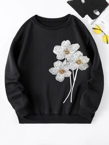 SHEIN ICON Women's Casual Autumn Floral Theme Top, Camellia Pattern Round Neck Long Sleeve Sweatshirt - Black - View 1