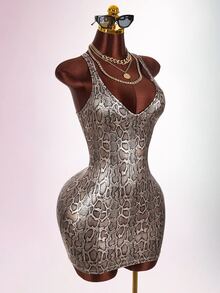 Amplova Women's Sexy Snake Print Bodycon Dress - Brown - View 6