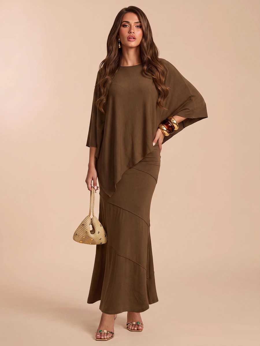 Bluhae Women's Autumn/Winter Solid Color Asymmetric Hem Top And Mermaid Skirt Elegant Set - Coffee Brown - View 1