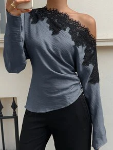 Siren Gaze Women's Asymmetrical Shoulder Lace Patchwork Pleated Elegant Top - Dusty Blue - View 5