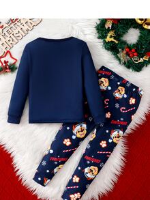 SHEIN | PAW Patrol 聖誕男孩聯名款修身睡衣套裝，可愛小狗與棒棒糖節日印花，柔軟舒適高彈薄款面料，長袖長褲 2 件式居家服 - 寶藍色 - 查看 2