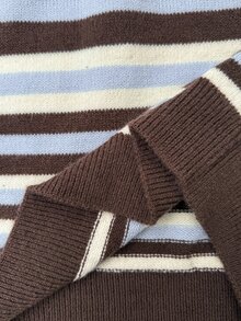 SHEIN LUNE Casual French Commuter Brunch Women's Sweater Dress Long Sleeve Autumn/Winter Patchwork Striped Outfit Brown Striped - Multicolor - View 7