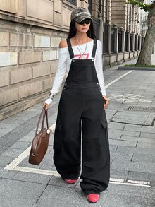 SHEIN Women's Casual Daily Denim Overalls With Pockets - Black - View 1