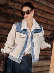 Anewsta Jaket Jeans Biru Patchwork Wol Domba Komposit Mode Baru untuk Wanita - Krem - View 4