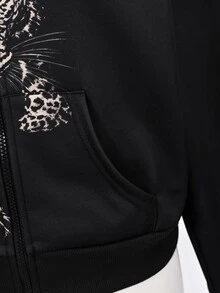 SHEIN 青少年女孩秋冬純色時尚數位印花豹紋連帽外套，附毛領拉鍊式衛衣，舒適抓絨內裡，適合返校或日常戶外穿著 - 黑色 - 查看 3