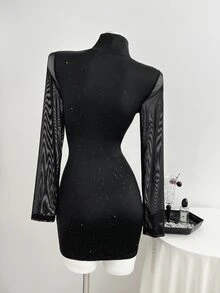 Elamini Women's High Neck Sheer Mesh Patchwork Dress - Black - View 2