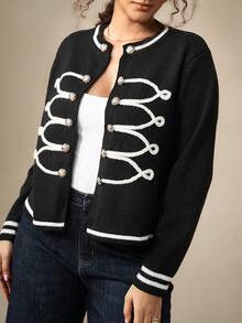 Nubod Fashion Retro Gold Button Black & White Contrast Knit Cardigan Plus Size Winter - Black - View 4