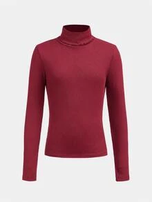 Tween Girls Autumn/Winter White Knitted High Neck Casual Slim Fit Textured Ribbed Base Layer Versatile Minimalist T-Shirt Top - Burgundy - View 2