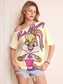 LOONEY TUNES X SHEIN 女款字母卡通印花不對稱肩休閒日常短袖T恤 - 黃色 - 查看 4