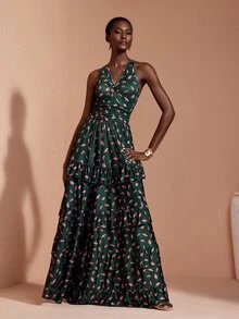 JIAN LASALA Knit Sleeveless O-Ring Halter Neckline Multi Ruffle Layers Ruched Long Dress Elegant - Multicolor - View 4