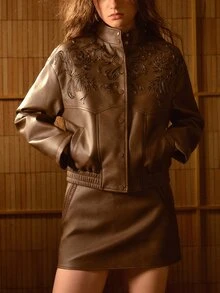 MOTF STUDIO WOMEN'S AUTUMN/WINTER VINTAGE MOTORCYCLE STYLE EMBROIDERED JACKET - Mocha Brown - View 4