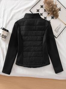 Tween Girl Solid Color Zipper Casual Versatile Winter Padded Coat - Black - View 2