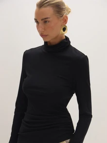 MUSEYN Black Jersey Turtleneck Top Basic Versatile Everyday Casual Fall - Black - View 5
