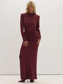 MUSEYN Burgundy Jersey Shoulder Pad Ruched Maxi Dress Timeless Date Night New Season Fall - Red - View 1
