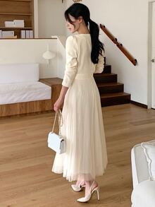 DAZY Patchwork Fitted Long Sleeve Cinched Waist Elegant Formal Korean Style Autumn/Winter Midi Dress For Women Vacation - Apricot - View 7