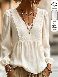 SHEIN بلوزة نسائية خريفية من القطن بياقة على شكل حرف V وأكمام منفوخة مع دانتيل وكشكشة وتصميم مرقع ونسيج مطوي وحافة منسوجة وأكمام طويلة، مناسبة للتنقل اليومي والمواعدة والتسوق - لون مشمشي - مشاهدة 1