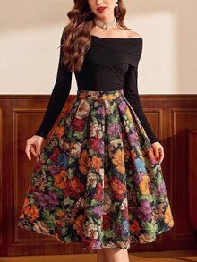 Vintamour Women's Vintage Court Style Jacquard Pleated Skirt - Multicolor - View 3