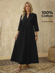 SHEIN LUNE Women's Solid Color Extra Long Casual Modest DressBlack Autumn - Black - View 4