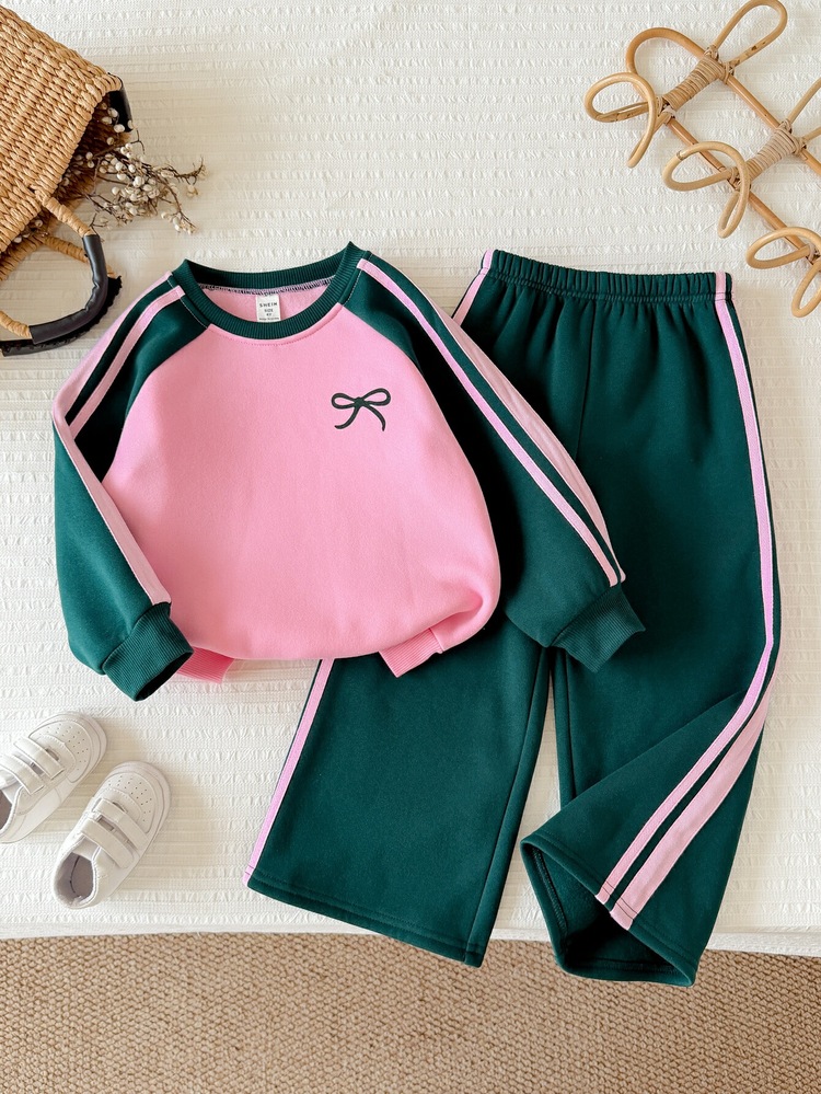 SHEIN Baby Girl Knitted Colorblock Crew Neck Bow Pattern Casual Sweatshirt And Long Pants 2 Pieces Set - Multicolor - View 3