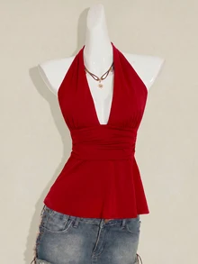 SHEIN ICON 萬聖節女款掛脖露背黑色娃娃裝背心上衣 - 紅色 - 查看 5