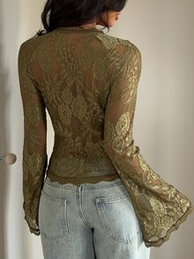 Aloruh Sexy Olive Green Lace Water Drop Neck Flare Sleeve Fitted Women's Top - Olive Green - View 2