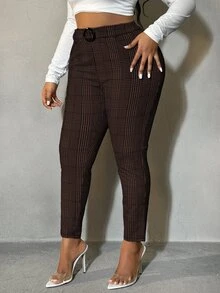 SHEIN SXY 大尺碼女款格紋高腰修身休閒優雅百搭長褲 辦公正式晚宴黑色秋季 - 巧克力棕 - 查看 5