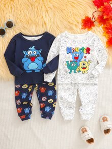 Cozy Pixies Set Piyama Bayi Laki-laki Pas Badan, Motif Kartun Gelap, Atasan Pullover Lengan Panjang Leher Bulat Rajut Lembut dan Celana Panjang Pinggang Elastis, Set 2 Potong - MultiWarna - View 1