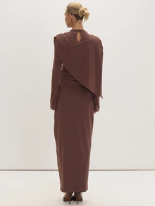 MUSEYN Gaun Maxi Cape Jersey Cokelat, Gaun Kencan Abadi, Musim Gugur Terbaru - Coffee Brown - View 4