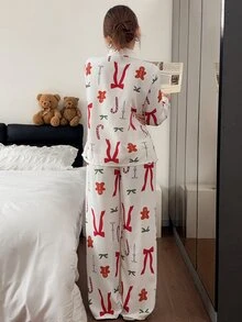 Napfluff Christmas Element Print Open Front Lapel Bubble Crinkle Comfortable Women's Pajama Set - Apricot - View 2