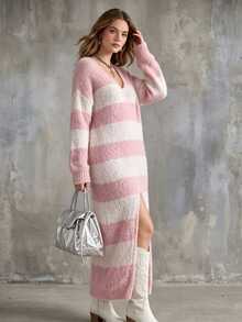 Linhara CURVE Plus Size Slouchy Pink & White Striped Mink Fur Dress - Pink - View 5