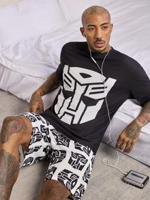 Transformers X SHEIN Set Pakaian Santai Pria Motif Kartun Lengan Pendek Atasan dan Celana Pendek - Hitam dan Putih - View 5