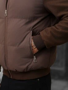Manfinity Homme 男士羊毛拼接填充外套，絎縫袖棒球夾克，休閒立領全拉鍊羅紋袖口秋冬填充外套 - 咖啡棕 - 查看 6