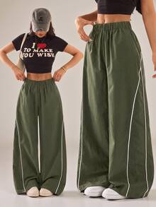 SHEIN PETITE 女款秋冬街頭風復古度假出遊返校基本款黑色寬腿褲，日常穿著必備 - 軍綠色 - 查看 10