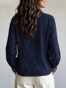 SHEIN Autumn Casual Solid Color Long Sleeve Shirt - Navy Blue - View 2