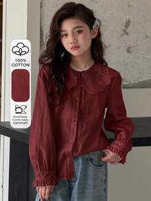 DAZY Tween女孩秋季服飾 蕾絲娃娃臉泡泡袖長袖甜美襯衫 - 紅木色 - 查看 1